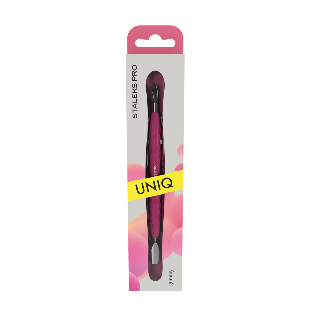 Manicure pusher Gummy with silicone handle UNIQ 10 TYPE 4.2 (rounded narrow pusher and bent blade)